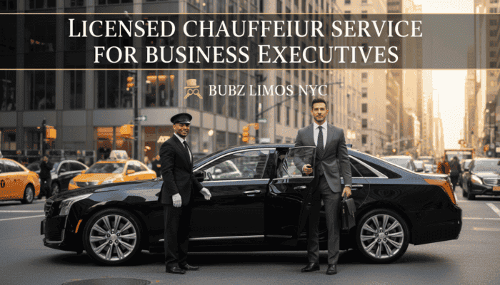 Business executive exiting luxury chauffeur car in city