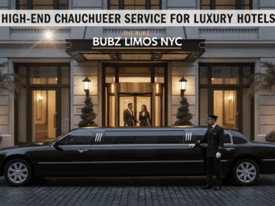 Black stretch limousine with chauffeur at luxury hotel