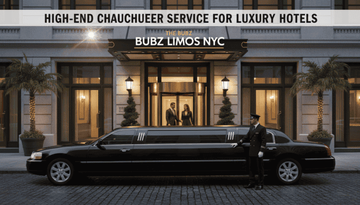 Black stretch limousine with chauffeur at luxury hotel