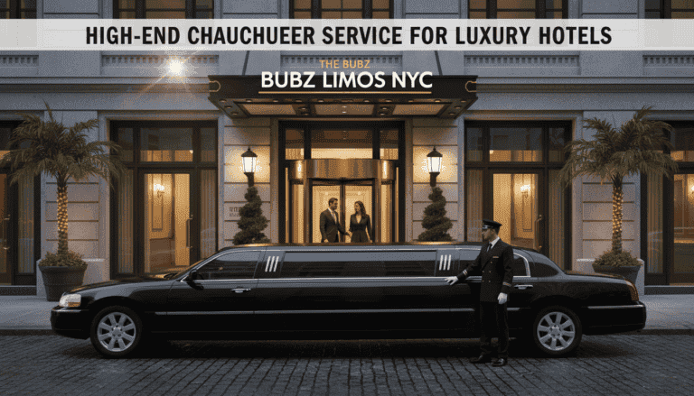 Black stretch limousine with chauffeur at luxury hotel