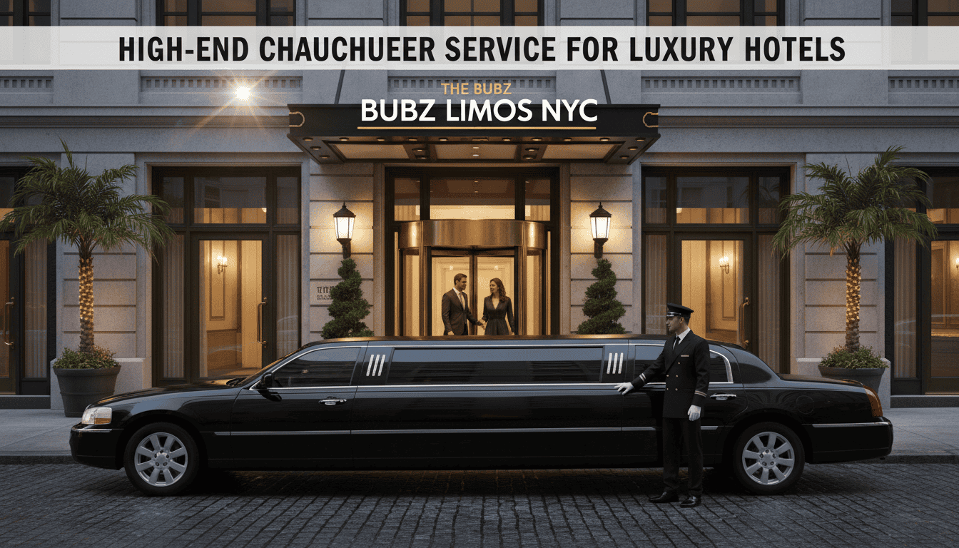 Black stretch limousine with chauffeur at luxury hotel