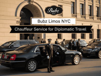 Chauffeur opening limousine outside luxury NYC building