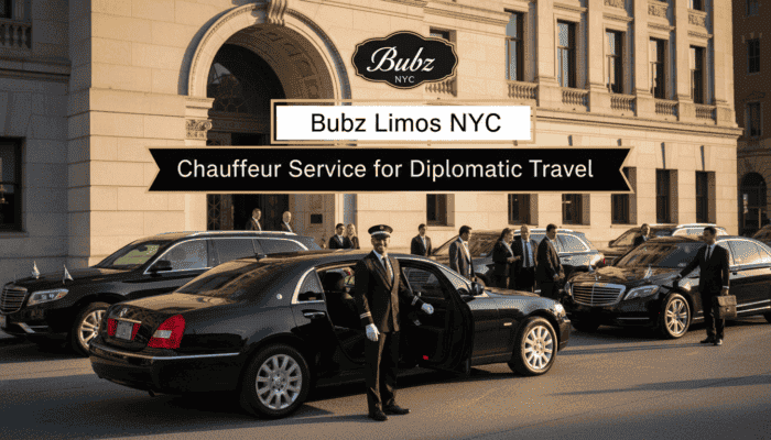 Chauffeur opening limousine outside luxury NYC building