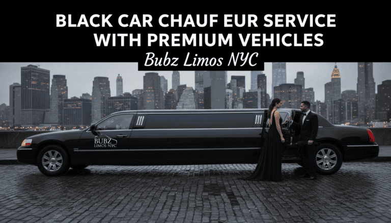 Black stretch limousine with couple, NYC skyline