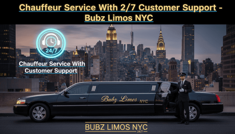 Chauffeur standing by limousine with NYC skyline backdrop