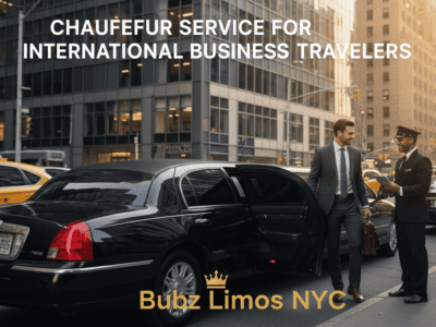 Business traveler exiting limousine with chauffeur in city