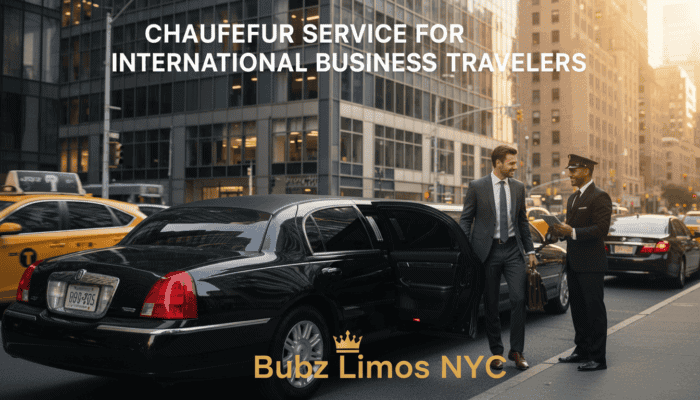 Business traveler exiting limousine with chauffeur in city