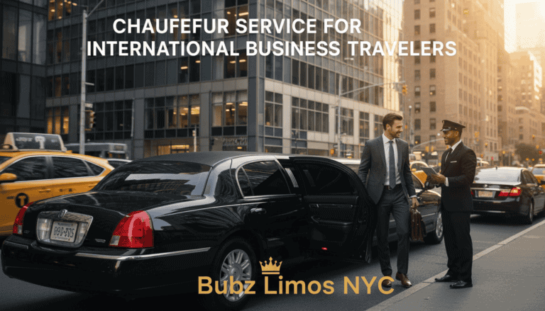 Business traveler exiting limousine with chauffeur in city