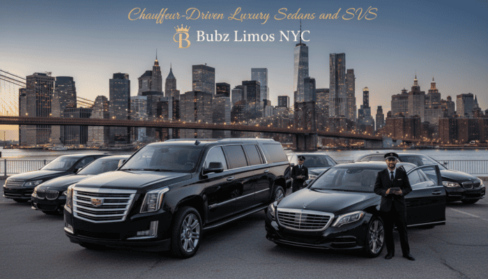 Luxury NYC limousines with chauffeurs by skyline
