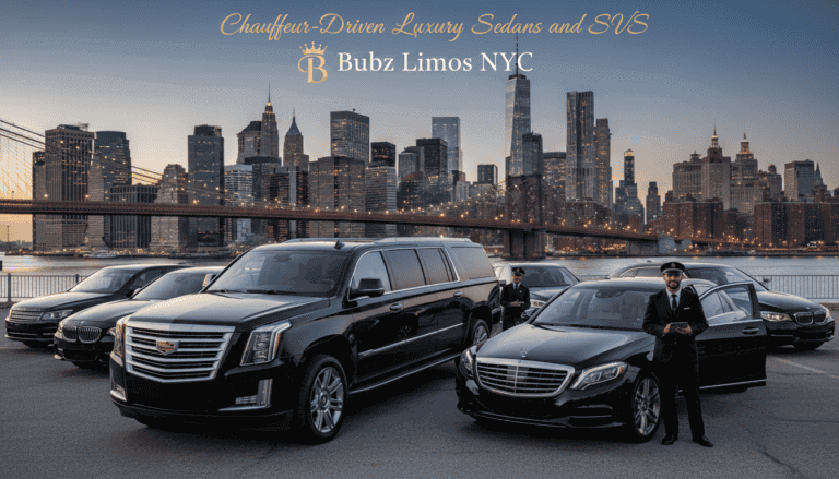 Luxury NYC limousines with chauffeurs by skyline