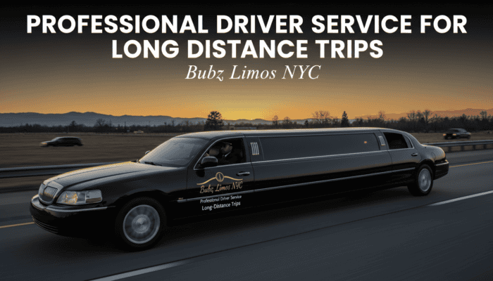 Black stretch limousine driving at sunset highway