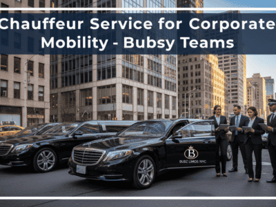 Corporate chauffeur service with black luxury sedans downtown