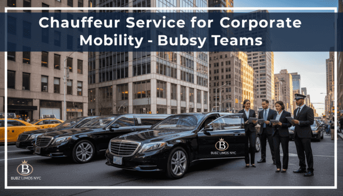 Corporate chauffeur service with black luxury sedans downtown