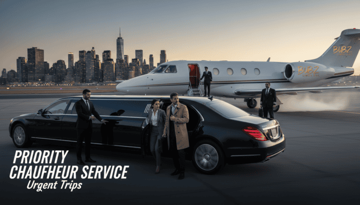 Luxury limousine and private jet at city airport