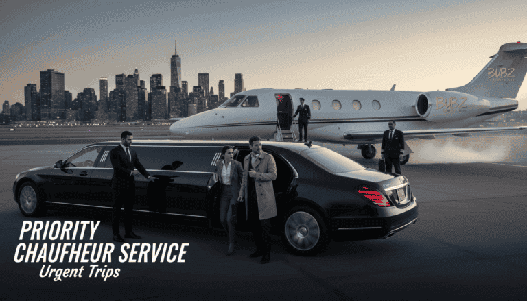 Luxury limousine and private jet at city airport