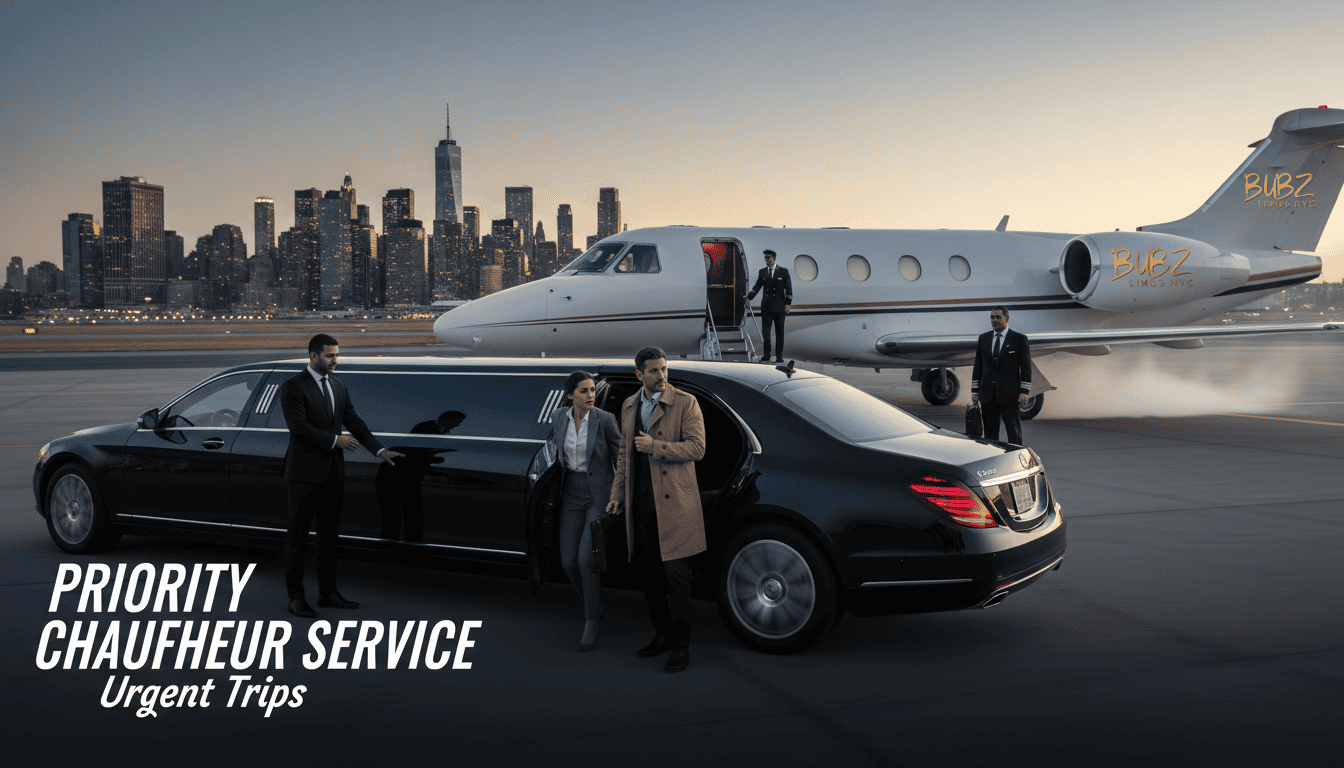 Luxury limousine and private jet at city airport