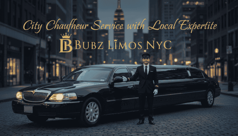 Chauffeur standing beside black stretch limousine in NYC