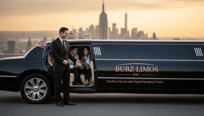 Chauffeur opening limousine door with NYC skyline backdrop
