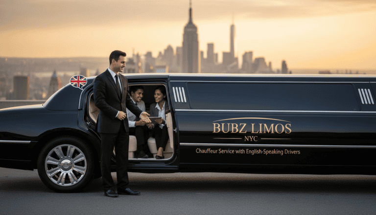 Chauffeur opening limousine door with NYC skyline backdrop