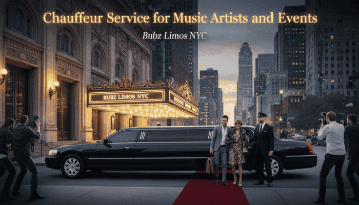 Luxury limousine arrival with red carpet and photographers