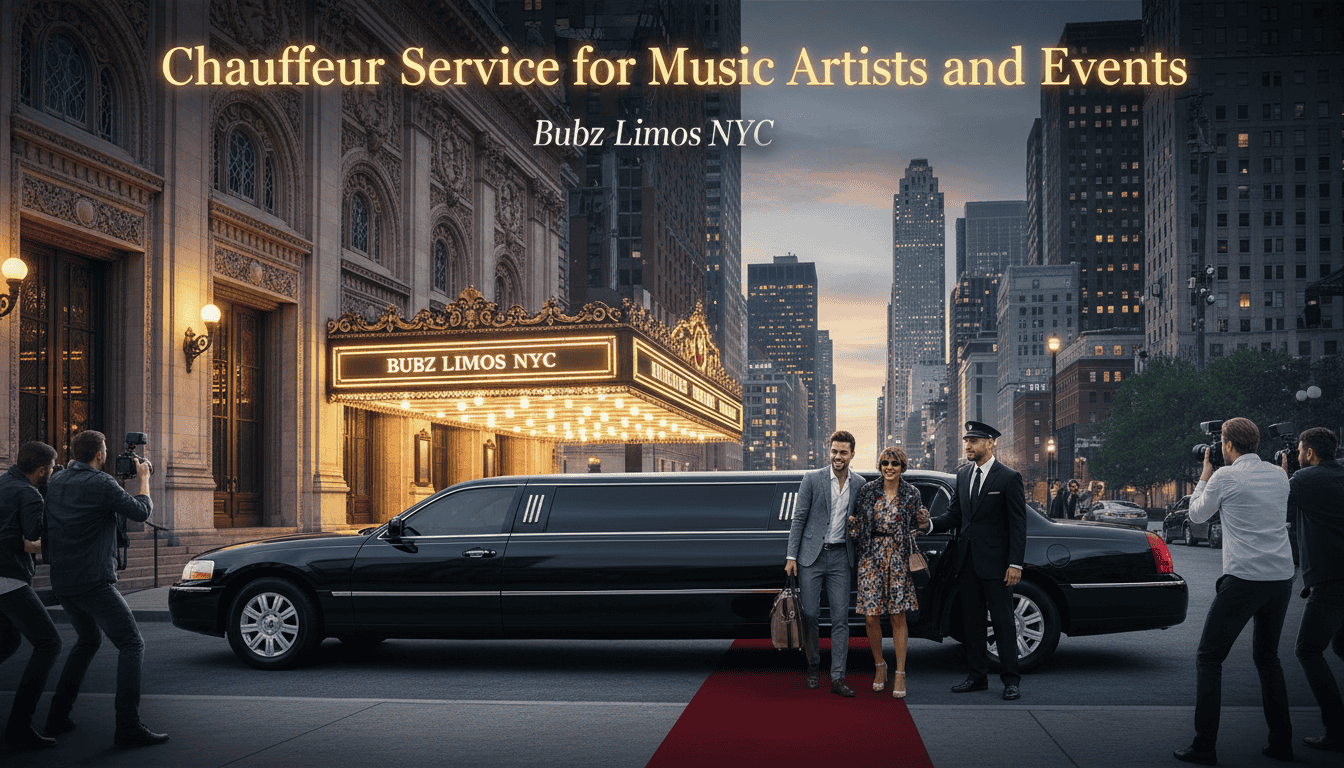 Luxury limousine arrival with red carpet and photographers