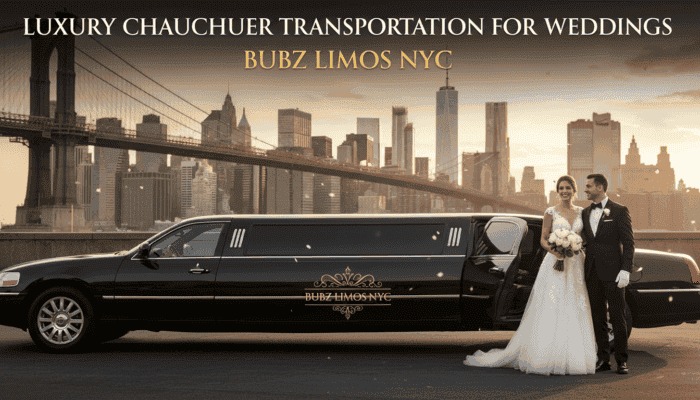 Bride and groom beside stretch limousine in NYC