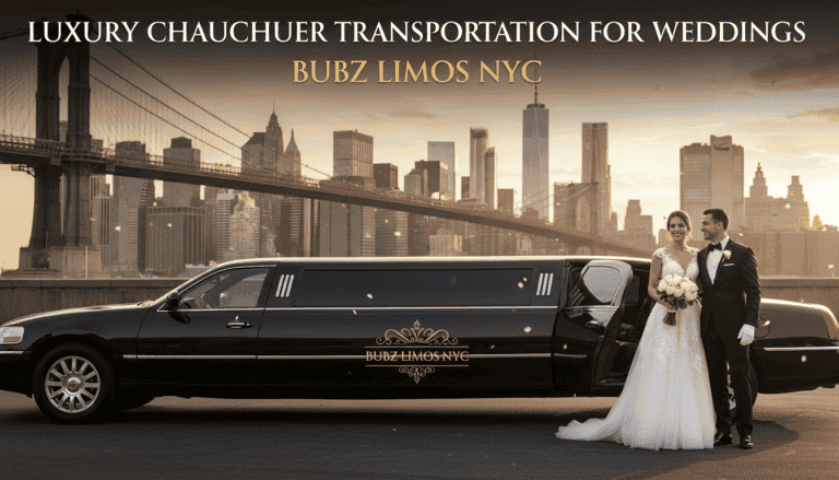 Bride and groom beside stretch limousine in NYC