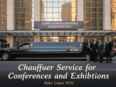 Limousine outside business conference venue with suited professionals