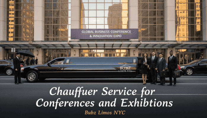 Limousine outside business conference venue with suited professionals