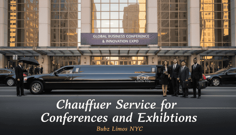 Limousine outside business conference venue with suited professionals