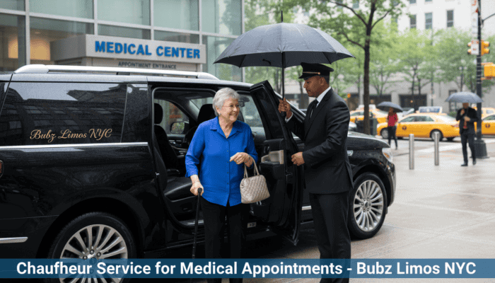 Elderly woman exiting limousine at medical center entrance