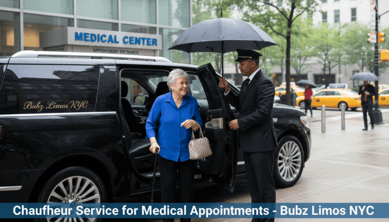 Elderly woman exiting limousine at medical center entrance