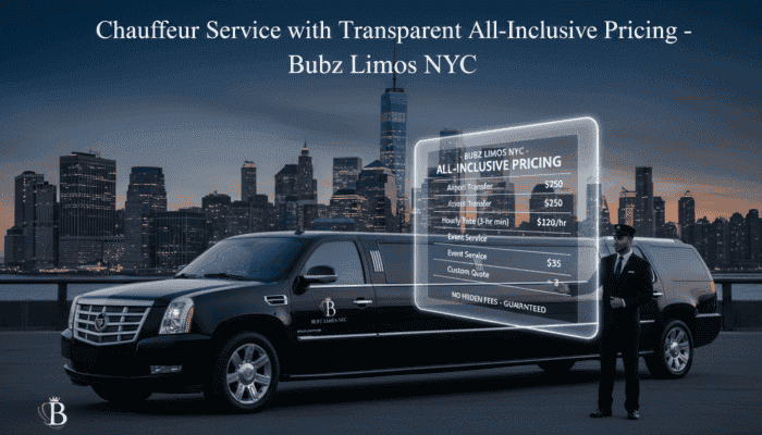 Black stretch limousine with chauffeur and NYC skyline