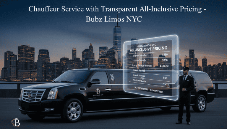 Black stretch limousine with chauffeur and NYC skyline
