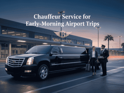 Black limousine and chauffeur at airport terminal at dawn