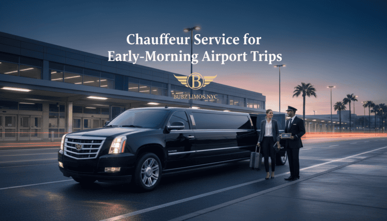 Black limousine and chauffeur at airport terminal at dawn