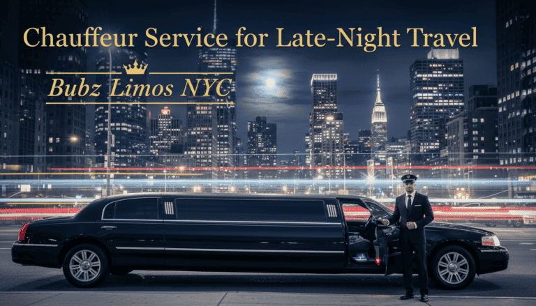 Chauffeur beside limousine with NYC skyline at night