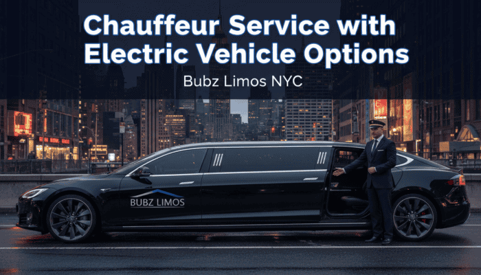 Chauffeur beside black electric stretch limousine in NYC.
