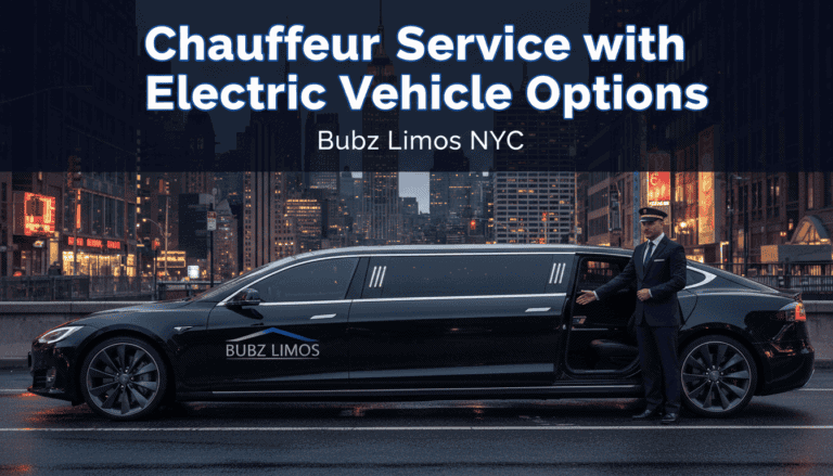 Chauffeur beside black electric stretch limousine in NYC.