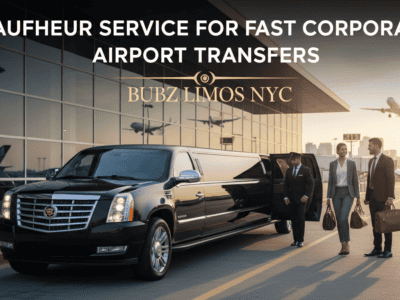 Chauffeur opening limousine for business couple at airport