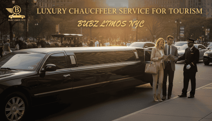 Luxury limousine chauffeur service in city street