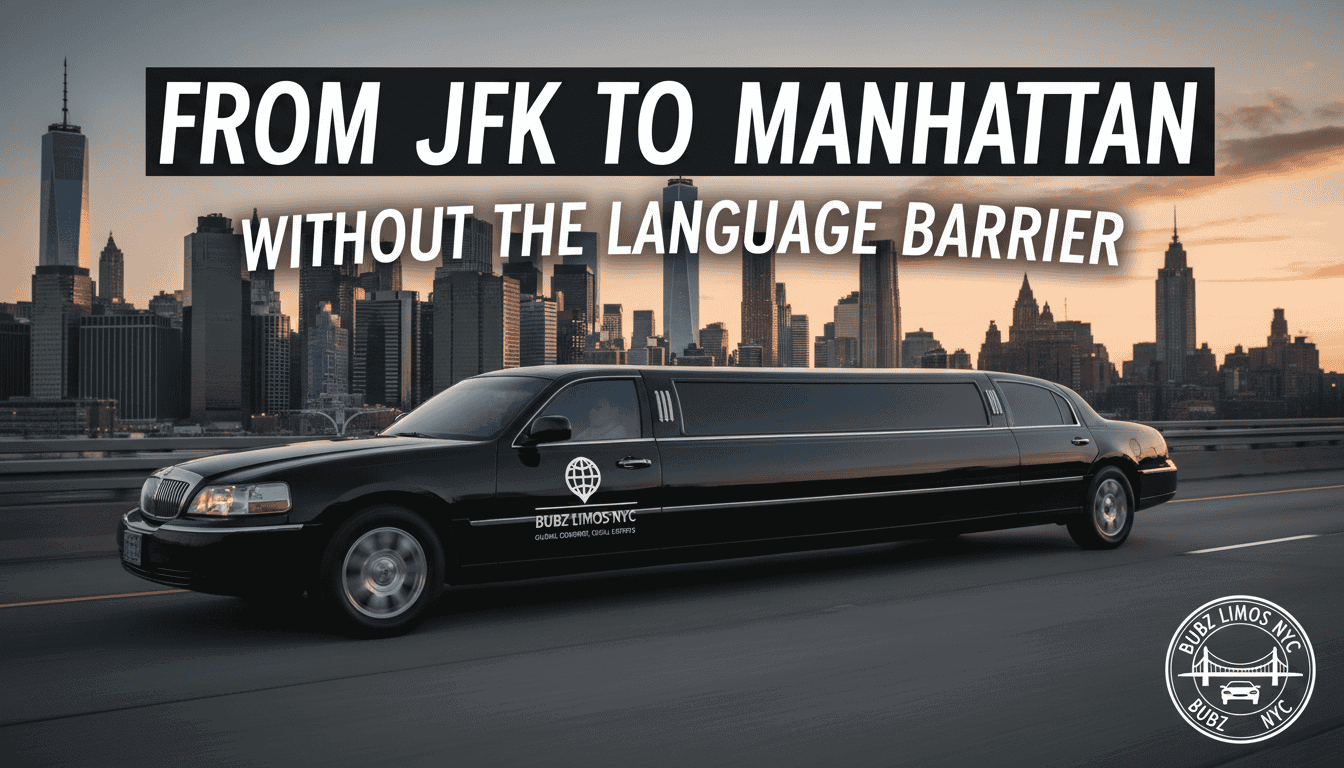Black stretch limousine with Manhattan skyline at sunset