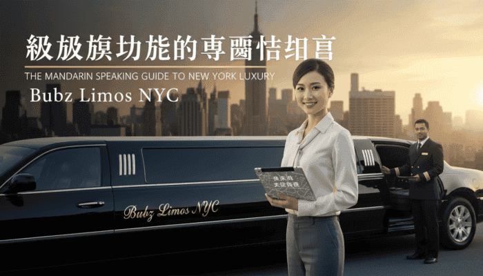 Woman with tablet beside limousine and NYC skyline