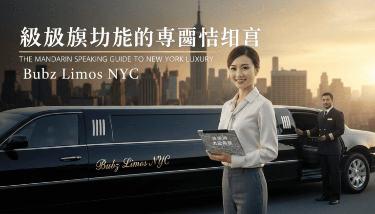 Woman with tablet beside limousine and NYC skyline