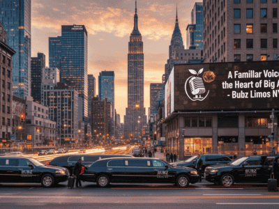 NYC skyline with limousines and billboard at sunset