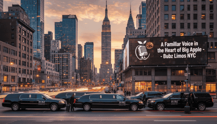 NYC skyline with limousines and billboard at sunset