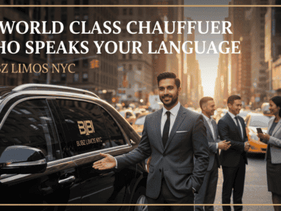 Professional chauffeur beside black SUV in city street
