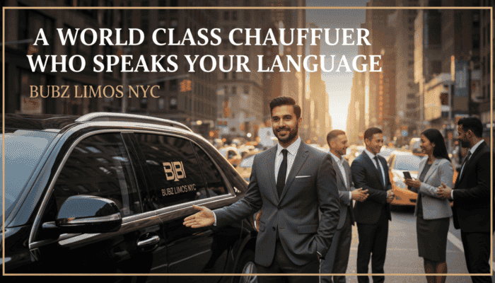 Professional chauffeur beside black SUV in city street