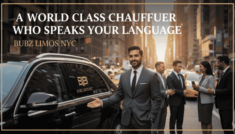 Professional chauffeur beside black SUV in city street