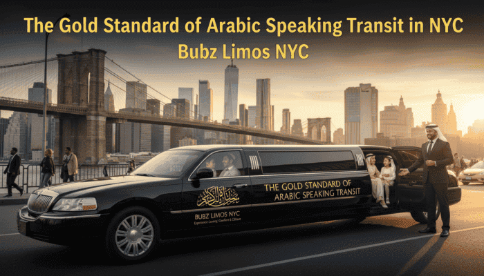 Black stretch limousine near Brooklyn Bridge at sunset